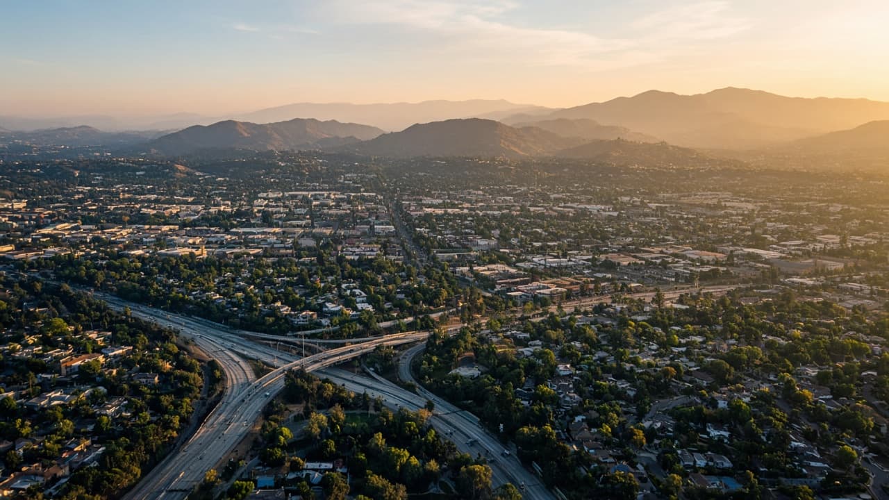 Golden hour view over Pasadena and the San Gabriel Valley toward Los Angeles